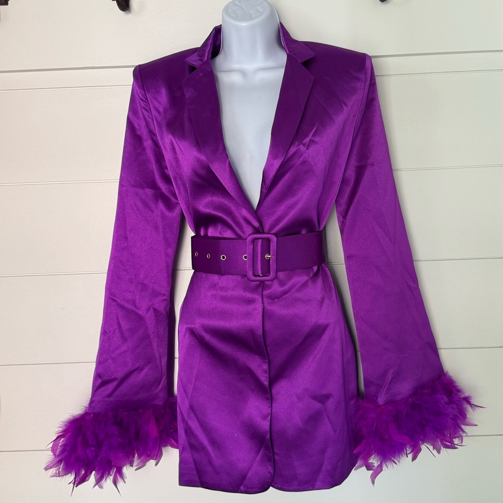 Bronx & Banco Purple Feather Cuff Women's Belted Blazer Dress, Women’s S (US 4)